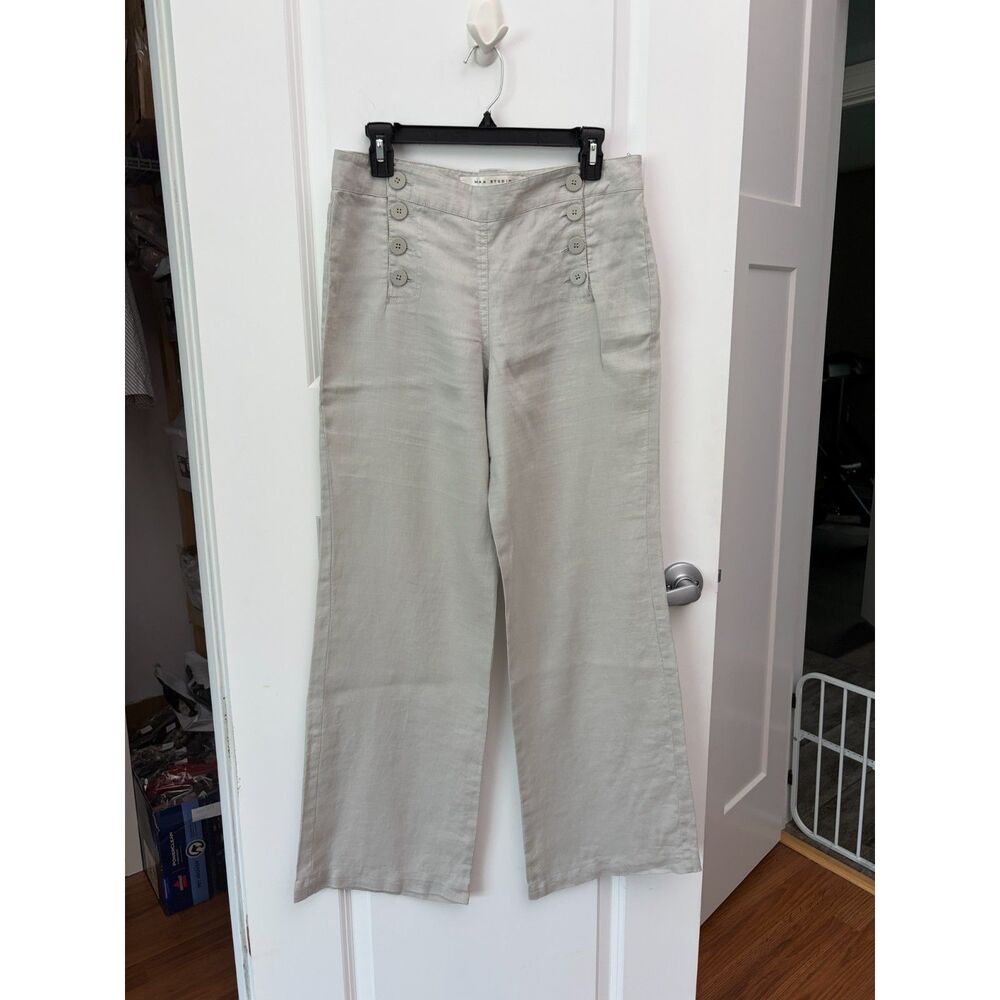 Max Studio Womens 100% Linen Wide Leg Sailor Pants Size 6 Light Beige Grey Luxe